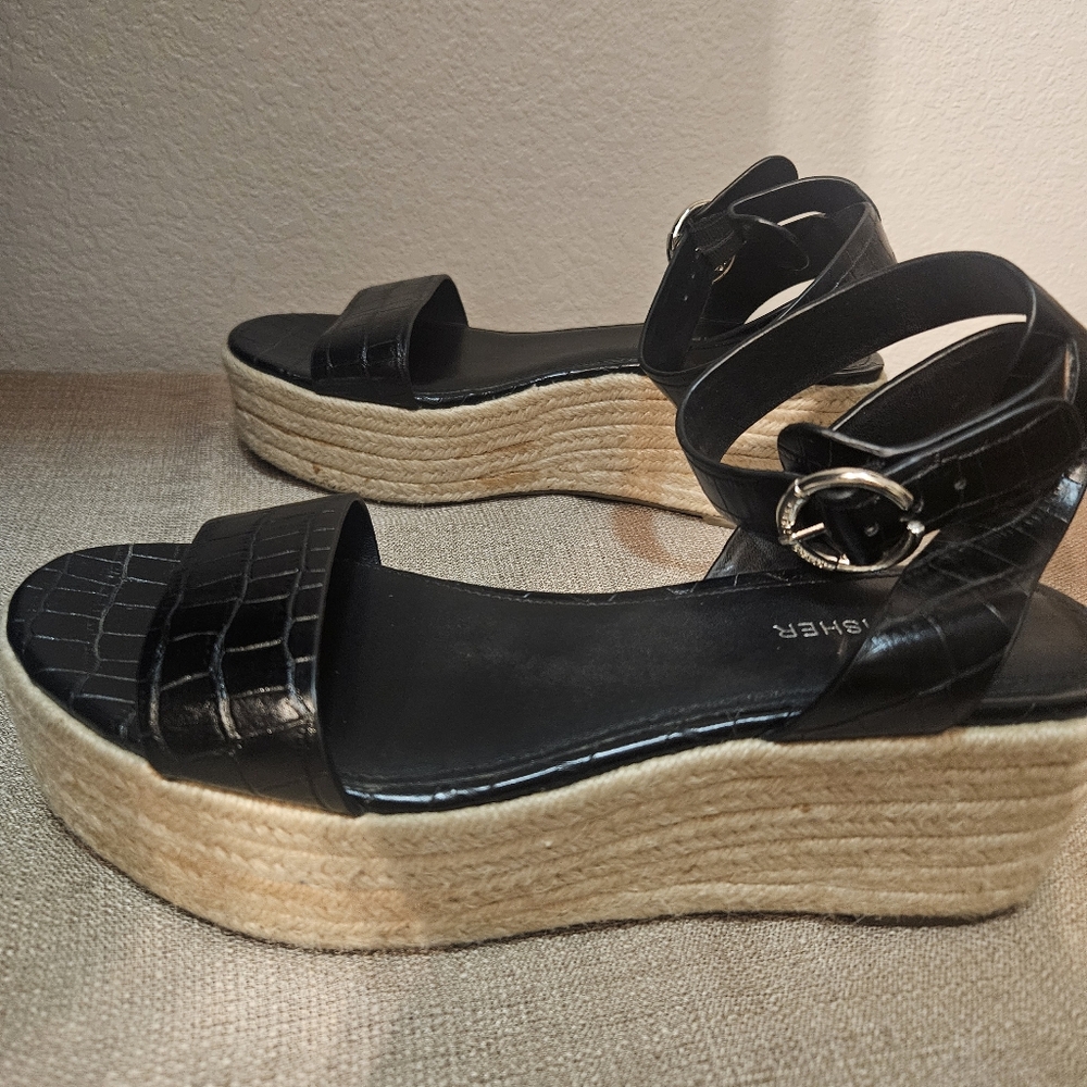 Marc Fisher Black Croc-Embossed Espadrille Sandals - Picture 4 of 8
